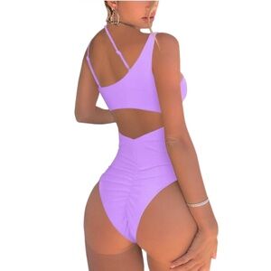QINSEN One Shoulder Cutout Ruched Back High Cut Purple Cutout One-Piece Swimsuit